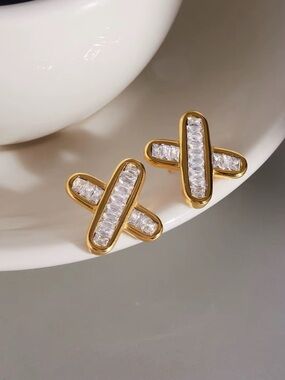 18K Gold Plated X-Design Cubic Zirconia Stud Earrings